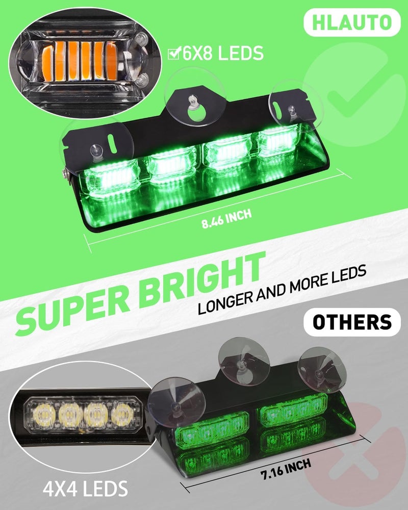 HLauto 2002L Emergency Dash Strobe Lights: Green Safety Lights, Flashing Warning Hazard Windshield Visor Traffic Light Bars for Trucks, Construction Vehicles (2x8.5 inch, 48LED) - Image 2